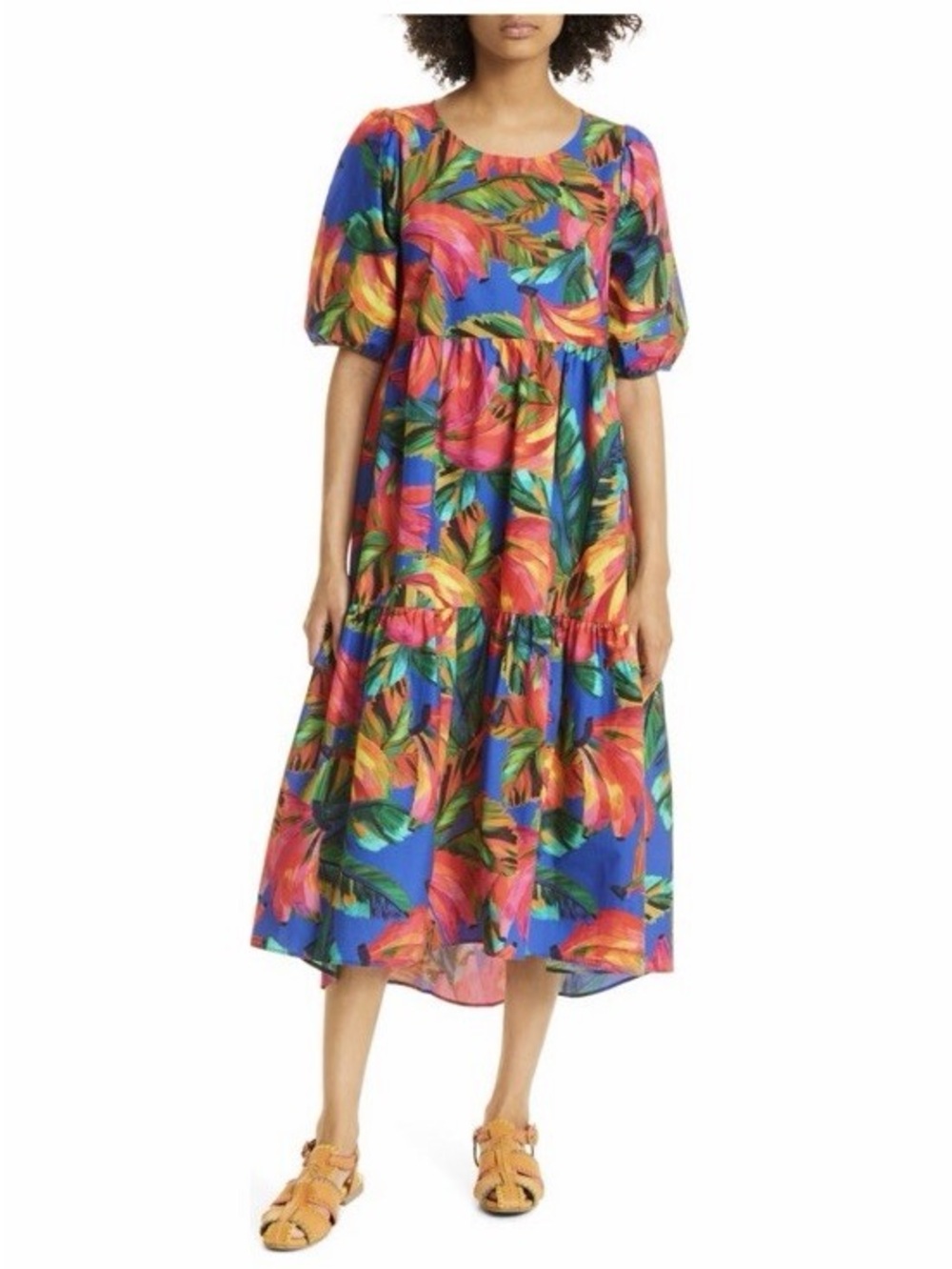 NWT Farm Rio Banana Mix Tropical Print Puff Sleeve Midi Dress - Blue Multi - Picture 4 of 11
